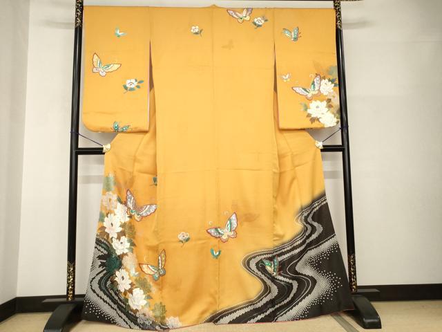 平和屋着物●訪問着　流水花蝶文　暈し染め　金銀彩　銀通し地　正絹　逸品　AABI0763ck