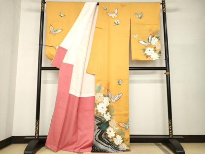 平和屋着物●訪問着　流水花蝶文　暈し染め　金銀彩　銀通し地　正絹　逸品　AABI0763ck