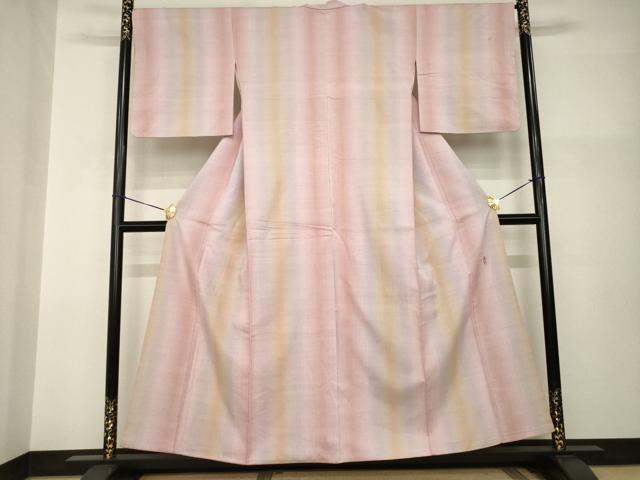 平和屋着物●紅花紬　米沢　新田英行　新田間道　紅花紬　間道　暈し染め　正絹　逸品　AABI0764ck