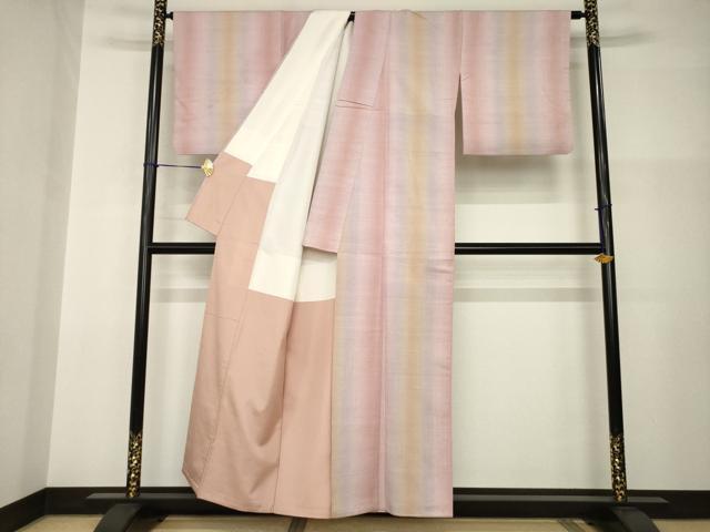 平和屋着物●紅花紬　米沢　新田英行　新田間道　紅花紬　間道　暈し染め　正絹　逸品　AABI0764ck