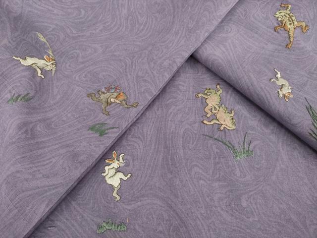 平和屋着物●訪問着　紬地　刺繍　墨流し文様　鳥獣戯画　正絹　逸品　AABI0765ck