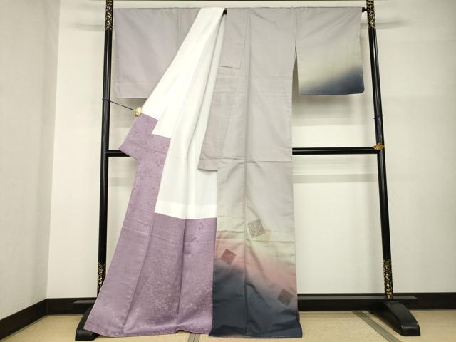 平和屋着物●訪問着　引箔大島　色紙重ね文　暈し染め　金糸　ロング丈　正絹　逸品　未使用　AABI0766ck