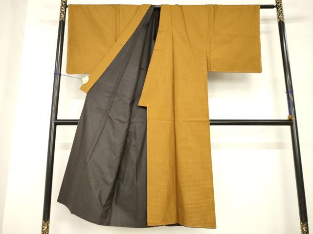 平和屋着物●男性　黄八丈　紬　綾織　格子　正絹　逸品　AABI0771ck