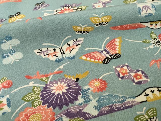 平和屋着物●上質な小紋　型染め　花蝶文　正絹　逸品　AABI0781ck