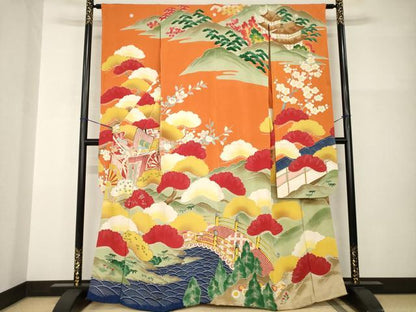 平和屋本店●アンティーク　大正ロマン　振袖　駒刺繍　御所車松文　金彩　正絹　逸品　AABI0782ck