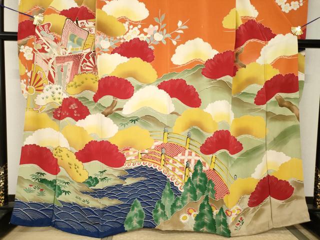 平和屋本店●アンティーク　大正ロマン　振袖　駒刺繍　御所車松文　金彩　正絹　逸品　AABI0782ck