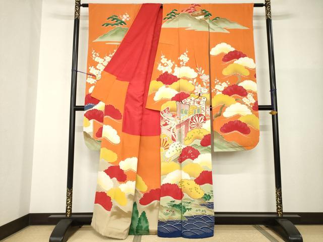 平和屋本店●アンティーク　大正ロマン　振袖　駒刺繍　御所車松文　金彩　正絹　逸品　AABI0782ck