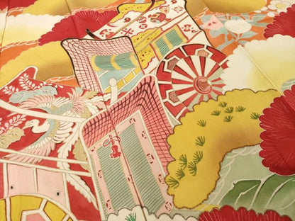 平和屋本店●アンティーク　大正ロマン　振袖　駒刺繍　御所車松文　金彩　正絹　逸品　AABI0782ck