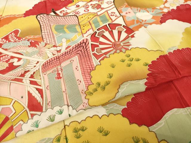 平和屋本店●アンティーク　大正ロマン　振袖　駒刺繍　御所車松文　金彩　正絹　逸品　AABI0782ck
