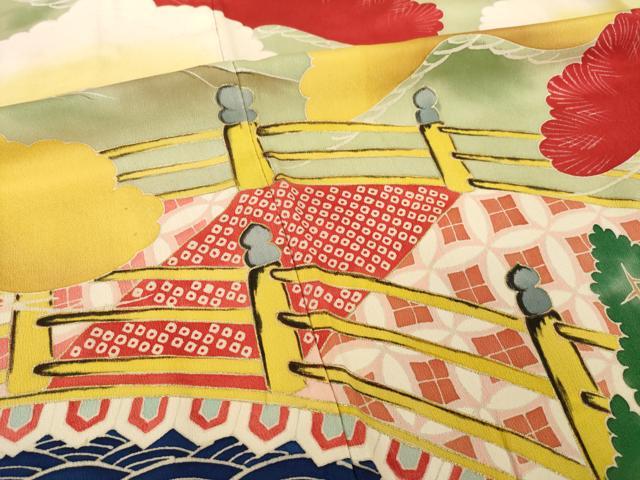 平和屋本店●アンティーク　大正ロマン　振袖　駒刺繍　御所車松文　金彩　正絹　逸品　AABI0782ck