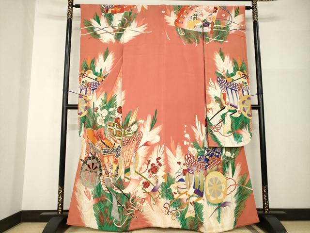 平和屋本店●アンティーク　大正ロマン　振袖　駒刺繍　御所車花文　金彩　正絹　逸品　AABI0783ck
