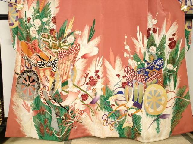 平和屋本店●アンティーク　大正ロマン　振袖　駒刺繍　御所車花文　金彩　正絹　逸品　AABI0783ck