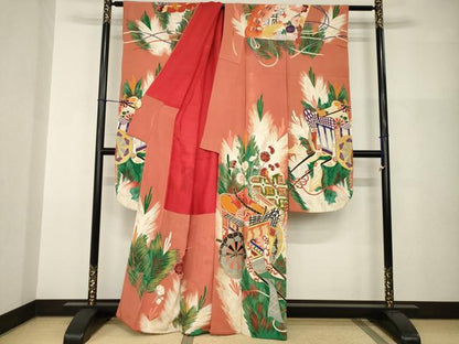 平和屋本店●アンティーク　大正ロマン　振袖　駒刺繍　御所車花文　金彩　正絹　逸品　AABI0783ck