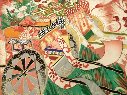 平和屋本店●アンティーク　大正ロマン　振袖　駒刺繍　御所車花文　金彩　正絹　逸品　AABI0783ck