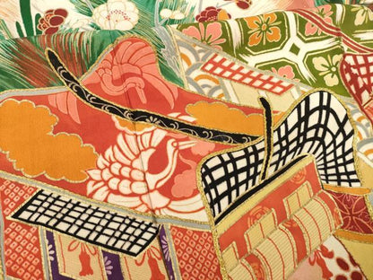 平和屋本店●アンティーク　大正ロマン　振袖　駒刺繍　御所車花文　金彩　正絹　逸品　AABI0783ck