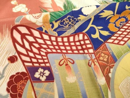 平和屋本店●アンティーク　大正ロマン　振袖　駒刺繍　御所車花文　金彩　正絹　逸品　AABI0783ck