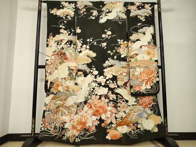 平和屋本店●アンティーク　大正ロマン　振袖　駒刺繍　中国三大刺繍　相良刺繍　御所車飛鶴花文　黒地　金彩　正絹　逸品　AABI0784ck