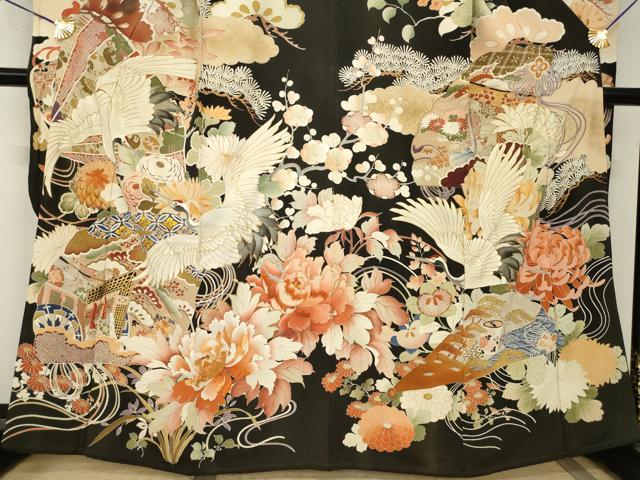 平和屋本店●アンティーク　大正ロマン　振袖　駒刺繍　中国三大刺繍　相良刺繍　御所車飛鶴花文　黒地　金彩　正絹　逸品　AABI0784ck