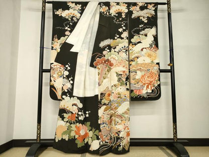 平和屋本店●アンティーク　大正ロマン　振袖　駒刺繍　中国三大刺繍　相良刺繍　御所車飛鶴花文　黒地　金彩　正絹　逸品　AABI0784ck