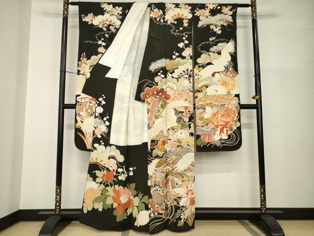 平和屋本店●アンティーク　大正ロマン　振袖　駒刺繍　中国三大刺繍　相良刺繍　御所車飛鶴花文　黒地　金彩　正絹　逸品　AABI0784ck