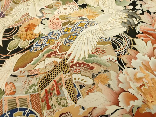 平和屋本店●アンティーク　大正ロマン　振袖　駒刺繍　中国三大刺繍　相良刺繍　御所車飛鶴花文　黒地　金彩　正絹　逸品　AABI0784ck