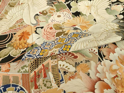 平和屋本店●アンティーク　大正ロマン　振袖　駒刺繍　中国三大刺繍　相良刺繍　御所車飛鶴花文　黒地　金彩　正絹　逸品　AABI0784ck
