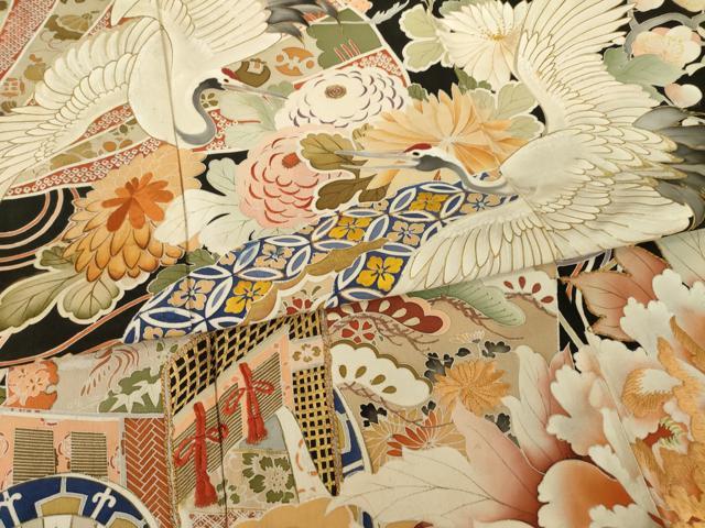 平和屋本店●アンティーク　大正ロマン　振袖　駒刺繍　中国三大刺繍　相良刺繍　御所車飛鶴花文　黒地　金彩　正絹　逸品　AABI0784ck