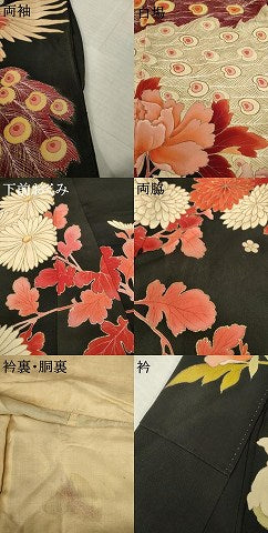 平和屋本店●アンティーク　大正ロマン　振袖　駒刺繍　孔雀花文　黒地　金彩　正絹　逸品　AABI0785ck