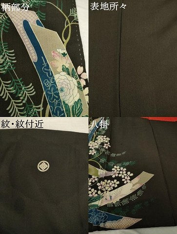 平和屋本店●アンティーク　大正ロマン　振袖　短冊花文　黒地　正絹　逸品　AABI0786ck