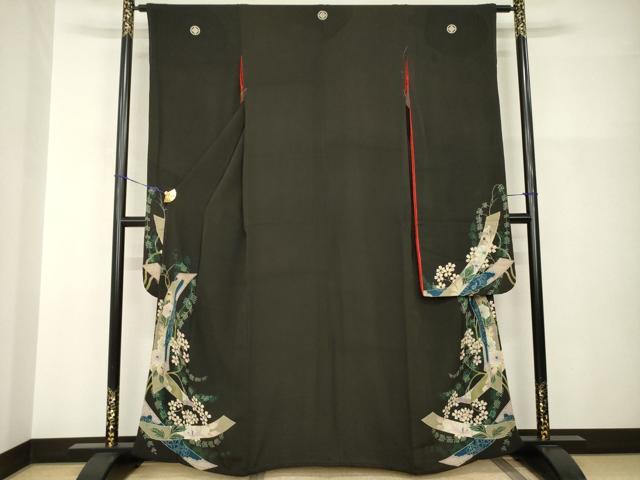 平和屋本店●アンティーク　大正ロマン　振袖　短冊花文　黒地　正絹　逸品　AABI0786ck