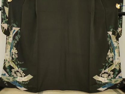 平和屋本店●アンティーク　大正ロマン　振袖　短冊花文　黒地　正絹　逸品　AABI0786ck