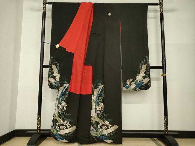 平和屋本店●アンティーク　大正ロマン　振袖　短冊花文　黒地　正絹　逸品　AABI0786ck