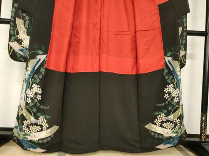 平和屋本店●アンティーク　大正ロマン　振袖　短冊花文　黒地　正絹　逸品　AABI0786ck