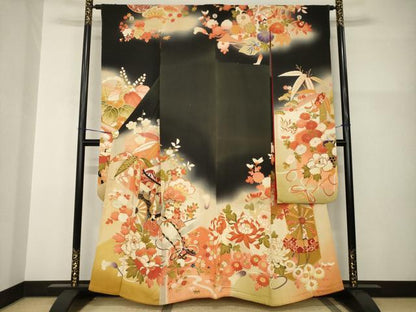 平和屋本店●アンティーク　大正ロマン　振袖　駒刺繍　御所車花文　金彩　正絹　逸品　AABI0787ck