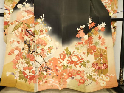 平和屋本店●アンティーク　大正ロマン　振袖　駒刺繍　御所車花文　金彩　正絹　逸品　AABI0787ck