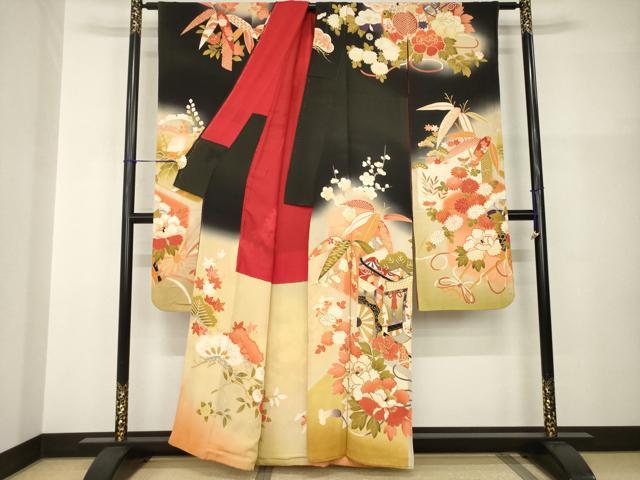 平和屋本店●アンティーク　大正ロマン　振袖　駒刺繍　御所車花文　金彩　正絹　逸品　AABI0787ck