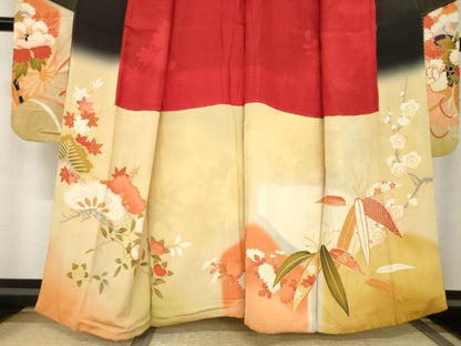 平和屋本店●アンティーク　大正ロマン　振袖　駒刺繍　御所車花文　金彩　正絹　逸品　AABI0787ck