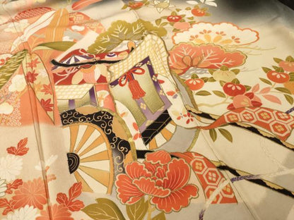 平和屋本店●アンティーク　大正ロマン　振袖　駒刺繍　御所車花文　金彩　正絹　逸品　AABI0787ck