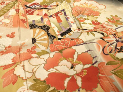 平和屋本店●アンティーク　大正ロマン　振袖　駒刺繍　御所車花文　金彩　正絹　逸品　AABI0787ck