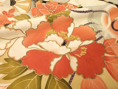 平和屋本店●アンティーク　大正ロマン　振袖　駒刺繍　御所車花文　金彩　正絹　逸品　AABI0787ck