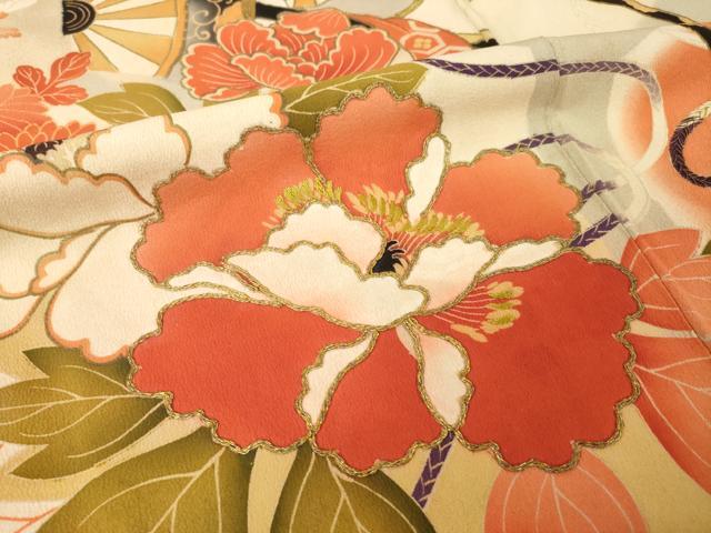 平和屋本店●アンティーク　大正ロマン　振袖　駒刺繍　御所車花文　金彩　正絹　逸品　AABI0787ck
