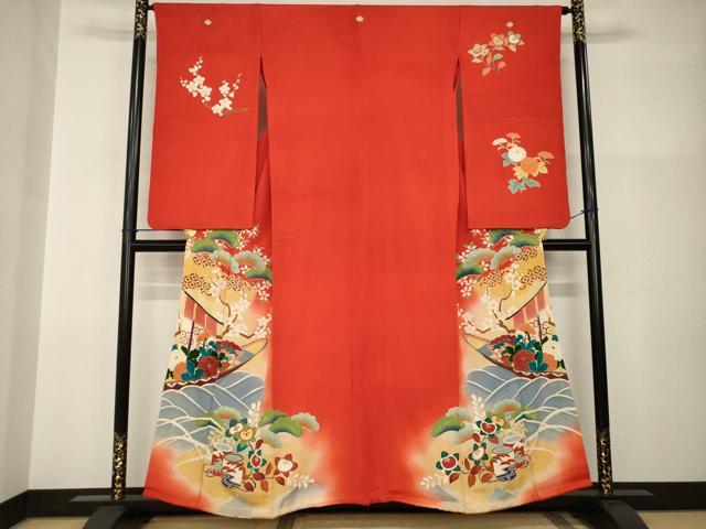 平和屋本店●アンティーク　大正ロマン　小振袖　二尺袖　駒刺繍　帆掛け船　吉祥花文　暈し染め　金彩　正絹　逸品　AABI0788ck