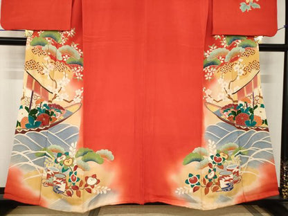 平和屋本店●アンティーク　大正ロマン　小振袖　二尺袖　駒刺繍　帆掛け船　吉祥花文　暈し染め　金彩　正絹　逸品　AABI0788ck