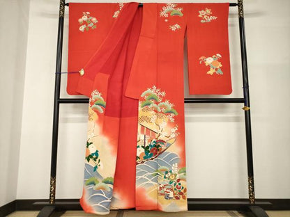 平和屋本店●アンティーク　大正ロマン　小振袖　二尺袖　駒刺繍　帆掛け船　吉祥花文　暈し染め　金彩　正絹　逸品　AABI0788ck