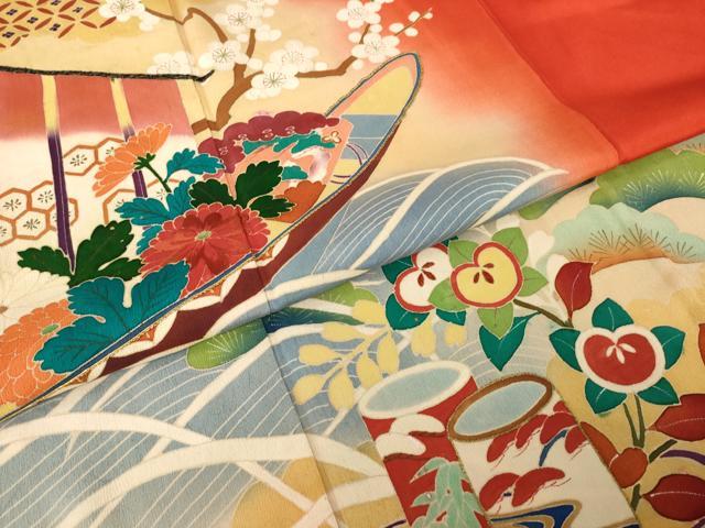 平和屋本店●アンティーク　大正ロマン　小振袖　二尺袖　駒刺繍　帆掛け船　吉祥花文　暈し染め　金彩　正絹　逸品　AABI0788ck