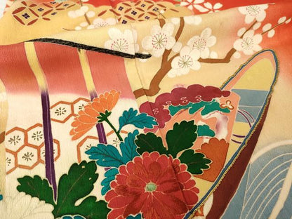 平和屋本店●アンティーク　大正ロマン　小振袖　二尺袖　駒刺繍　帆掛け船　吉祥花文　暈し染め　金彩　正絹　逸品　AABI0788ck