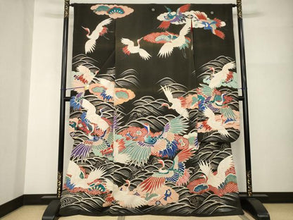 平和屋本店●アンティーク 大正ロマン 振袖 中国三大刺繍 相良刺繍 立波飛鶴宝尽くし 黒地 金銀彩 ロング丈 正絹 逸品 AABI0789ck