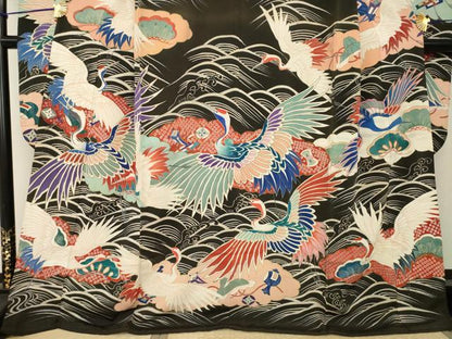 平和屋本店●アンティーク 大正ロマン 振袖 中国三大刺繍 相良刺繍 立波飛鶴宝尽くし 黒地 金銀彩 ロング丈 正絹 逸品 AABI0789ck