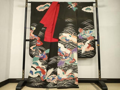 平和屋本店●アンティーク 大正ロマン 振袖 中国三大刺繍 相良刺繍 立波飛鶴宝尽くし 黒地 金銀彩 ロング丈 正絹 逸品 AABI0789ck
