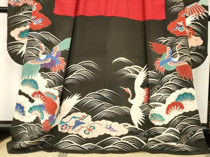 平和屋本店●アンティーク 大正ロマン 振袖 中国三大刺繍 相良刺繍 立波飛鶴宝尽くし 黒地 金銀彩 ロング丈 正絹 逸品 AABI0789ck